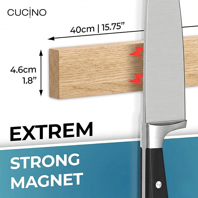 CUCINO Magnetic Knife Holder for wall, 16" no drilling required, includes self-adhesive tape, extra strong for holding knives – Awarded magnet strip – Oak