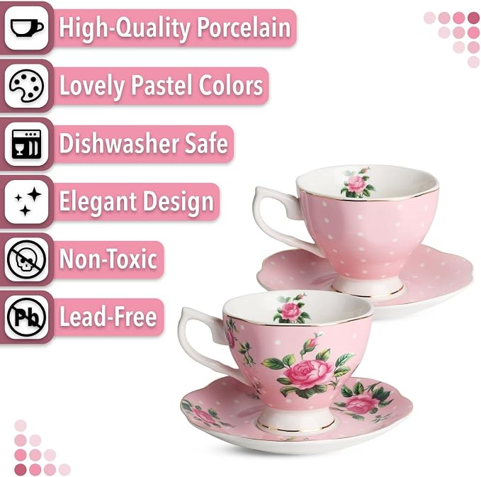 BTaT- Floral Tea Cups and Saucers, Set of 2, 8 oz, Fine Porcelain Teacup Set with Gold Trim for Afternoon Tea, Weddings, Parties & Gifting, Dishwasher Safe, Lightweight, Non-Toxic