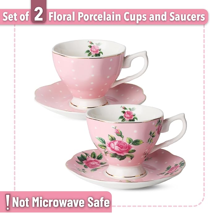 BTaT- Floral Tea Cups and Saucers, Set of 2, 8 oz, Fine Porcelain Teacup Set with Gold Trim for Afternoon Tea, Weddings, Parties & Gifting, Dishwasher Safe, Lightweight, Non-Toxic