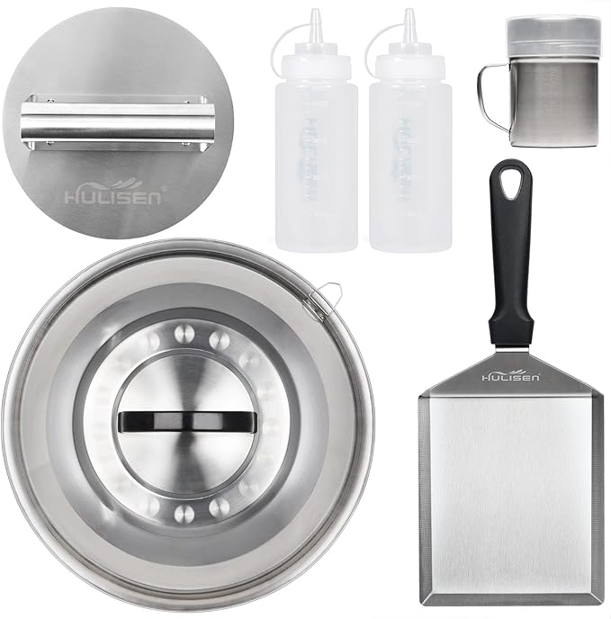 HULISEN Smashed Burger Kit, Burger Press, 12 Inch Basting Cover, Grill Spatula, Spice Dredge Shaker and 2 Squeeze Bottles - Griddle Accessories Kit for Flat Top Griddle Grill Cooking, Gift Package