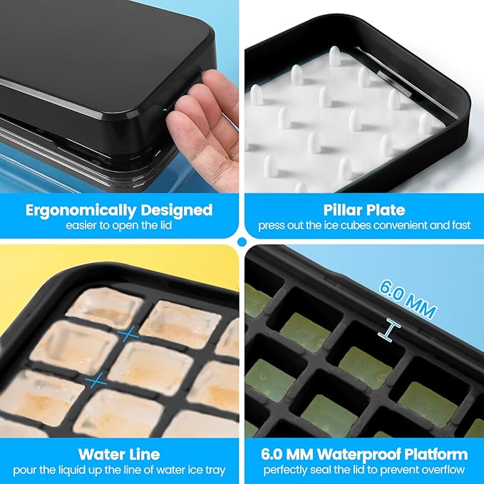 PHINOX Ice Cube Tray with Lid and Bin, 3 Pack Plastic Ice Cube Tray Molds, 84 pcs Ice Trays for freezer, Chilling Drinks, Whiskey & Cocktails, with Ice Container and Ice Scoop, BPA-Free