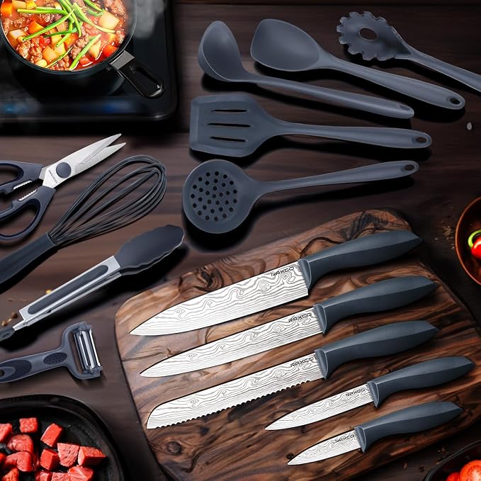 RAXCO Kitchen Set,18-Piece Cooking Utensils and Kitchen Knife Set,Gray | 7-Piece Kitchen Utensils Heat-resistant to 410°F,5-Piece Sharp Knife,5-Piece Cooking Tools and Cutting Board In One