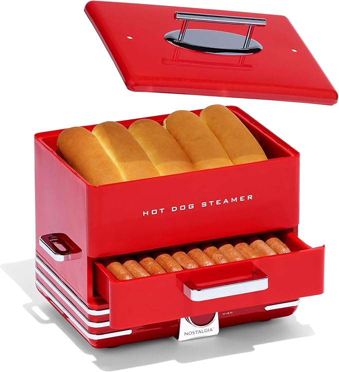 Nostalgia Extra Large Diner-Style Steamer Cooks 20 Hot Dogs & 6 Buns- Hot Dog Steamer for Breakfast Sausages, Brats, Vegetables & Fish- Bun Warmer Steamer Perfect for Game Days or Parties- Red