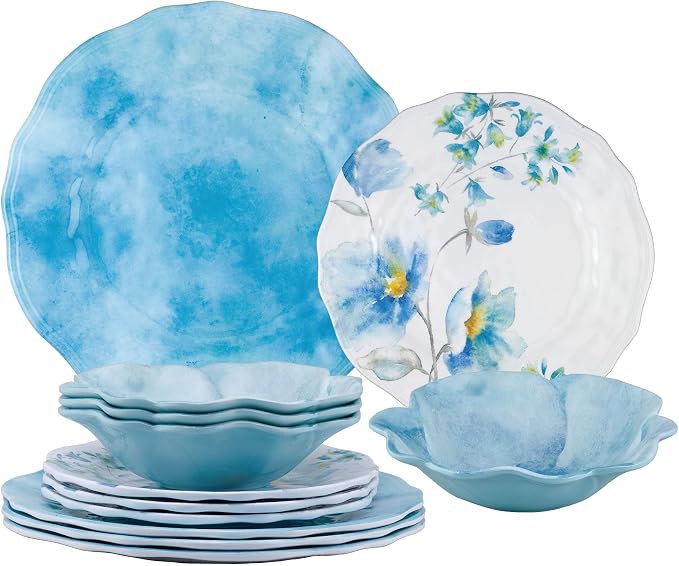 UPware 12 Piece Campanula Melamine Dinnerware Sets, Outdoor Dishes Set, Plates and Bowls Sets, Service for 4, Sky Blue