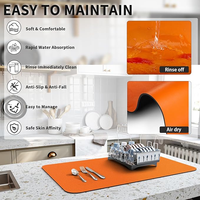 HotLive Dish Drying Mat for Kitchen Counter, Heat Resistant Drainer Mats with Non-slip Rubber Backed, Hide Stain Kitchen Super Absorbent Draining Mat, Easy to Clean Dish Rack Pad, Orange 18"x24"