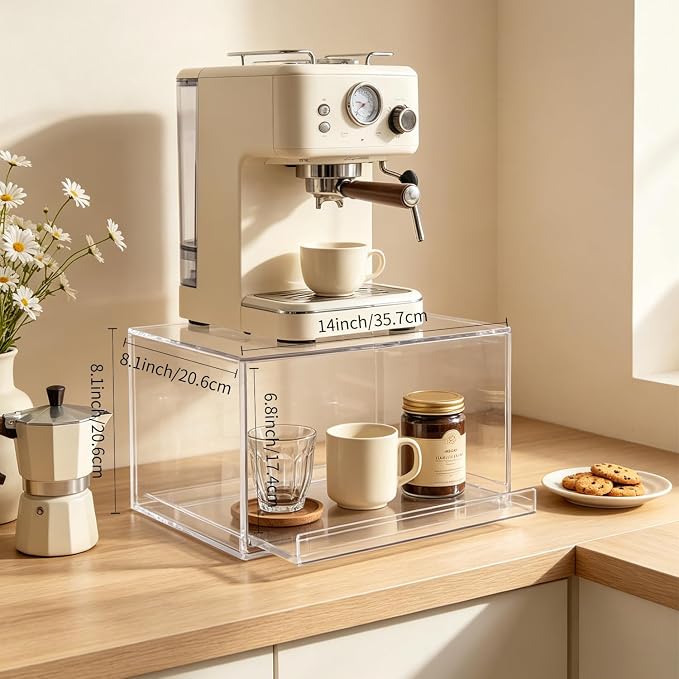 Clear Acrylic Coffee Bar Drawer, Countertop Espresso Machine Stand with Storage, Kitchen Organizers and Accessories for Cups, Mugs, Pods (14" x 8.1" x 8.1")