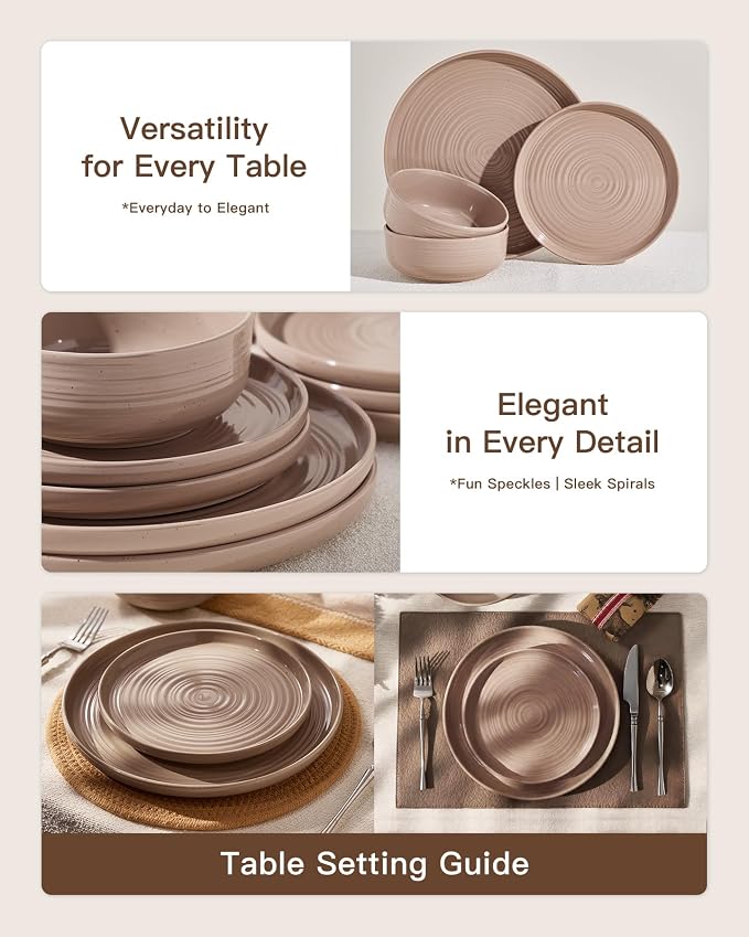 12-Piece Stoneware Dinnerware Sets, Service for 4 - Speckled Glaze with Spiral Design – Farmhouse Coupe Plates and Bowls - Chip & Scratch Resistant, Microwave & Dishwasher Safe, Brown
