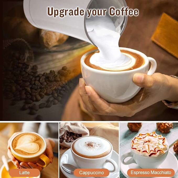 4 IN 1 Electric Milk Frother, Automatic Hot & Cold Milk Foamer, 19.6oz/580ml Large Capacity for Latte Coffee Hot Chocolates Cappuccino (White, 220V EU PLUG)