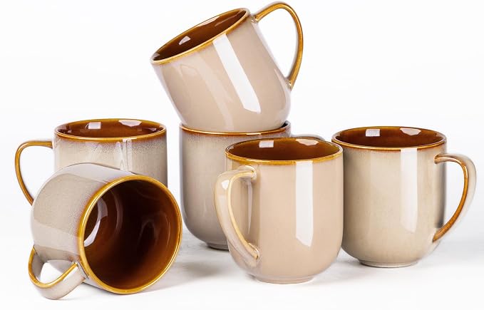 LERATIO 12OZ Ceramic Coffee Mugs Set of 6, Large Porcelain Coffee Cups With Large Handle For Latte,Cappuccino,Milk,Cocoa,|Dishwasher&Microwave Safe Mug Sets,Ideal for Man,Woman,Dad, Mom-Kahki