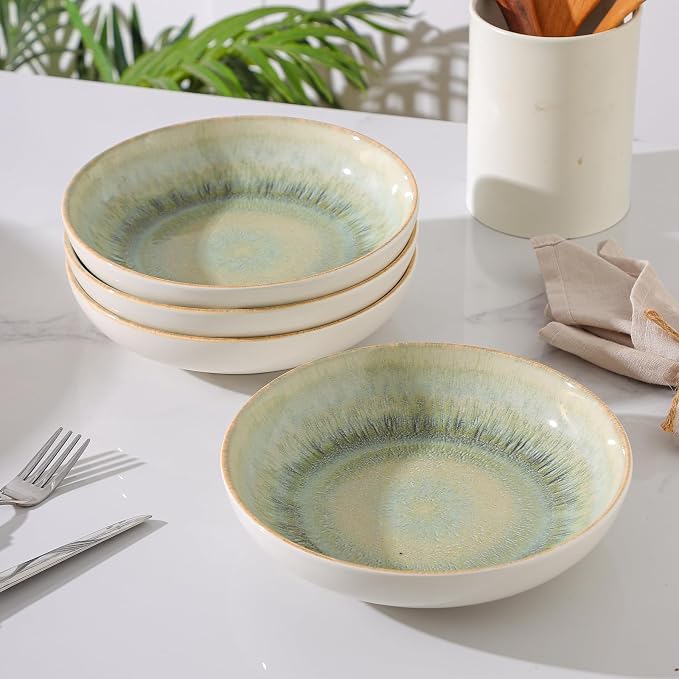 DOMICREVERY Ceramic Dinnerware Sets for 4, 16 Pieces Plates and Bowls Sets, Moss Green