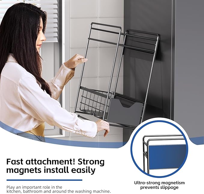 CABTE 2 Tier Magnetic Shelves for Washing Machine with Pull Out Metal Drawer,Magnetic Spice Rack for Fridge,Magnetic Rack with no Installation, Versatile Storage Organizers for Home (Black, 2 Tier)