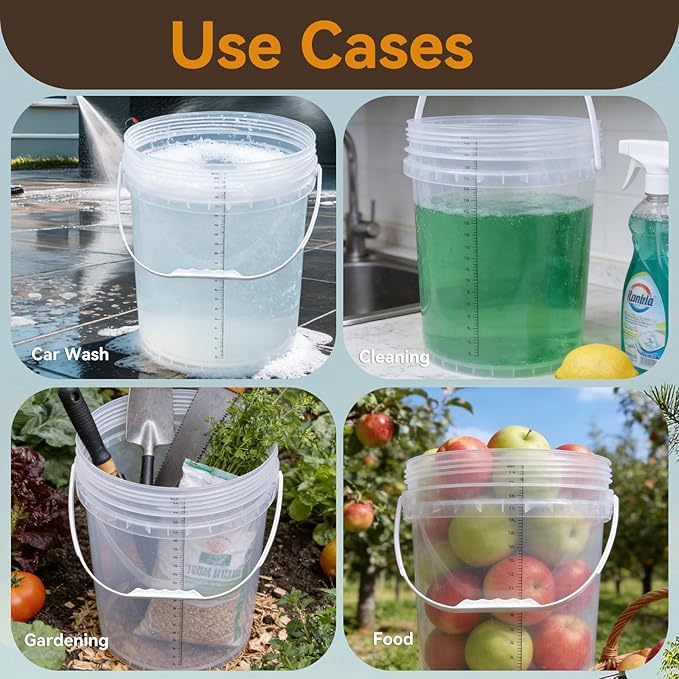 5 Gallon Bucket with Lid & 2.6 Gal Plastic Food Storage Containers, 5 Pack Clear Buckets with Lids, Food Grade Pail for Ice Cream, Dog Food, Water, Large Quart Container with Handle