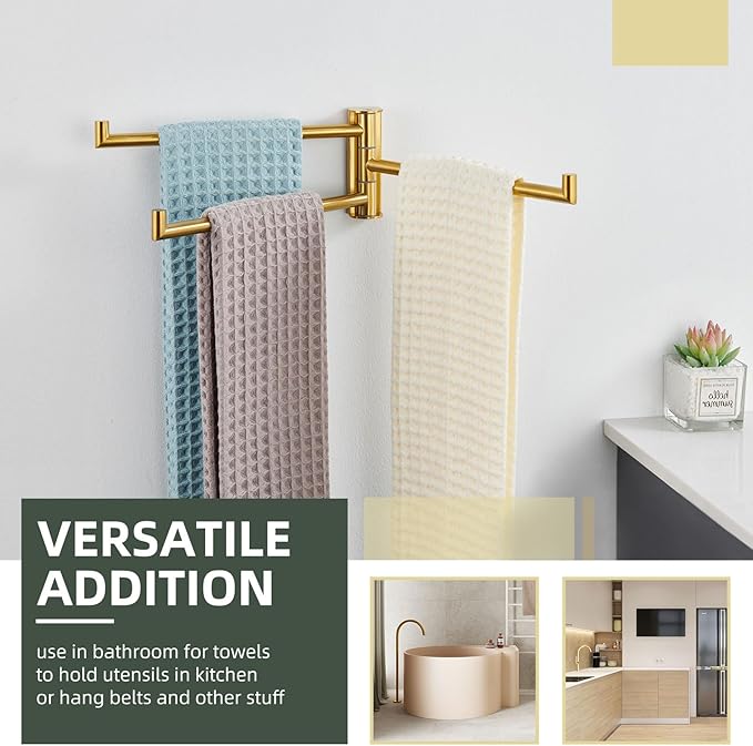Angle Simple Swivel Hand Towel Rack, SUS 304 Stainless Steel Foldable 3 Towel Holder Bars for Bathroom Kitchen, Brushed Dark Gold
