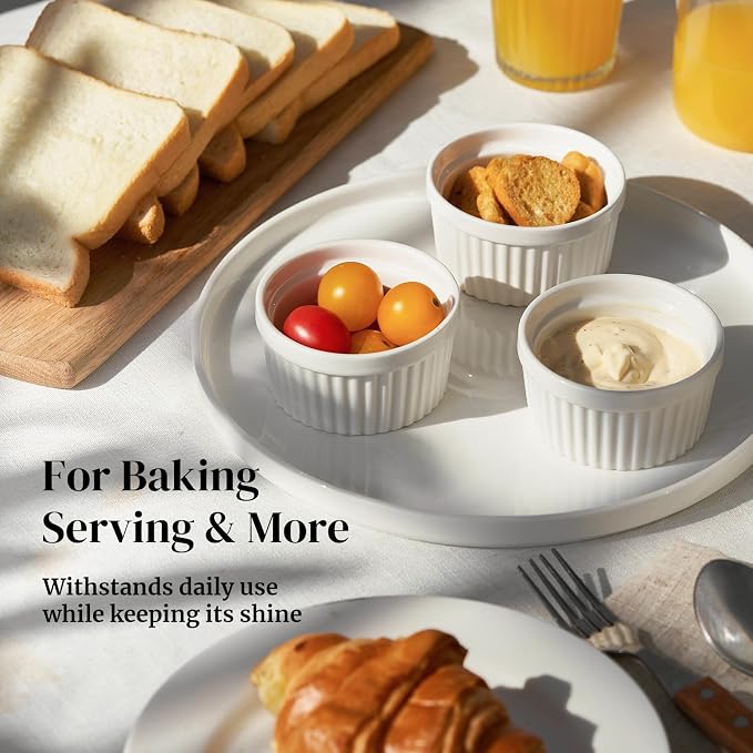 DOWAN 4 oz Ceramic Ramekins Set of 6, Oven Safe Souffle Dishes for Air Fryer Baking, Mini Round Baking Cups for Creme Brulee, Dipping Sauces, Desserts and Prep Bowls, White