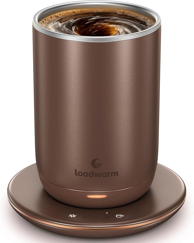 Self Heated Stirring Coffee Mug, 10oz Auto Mixing Cup with Warmer, Brown | 3 temp settings, food-grade stainless steel interior, 8-hour auto shut-off, plug-in desk mug with Warmer for office home