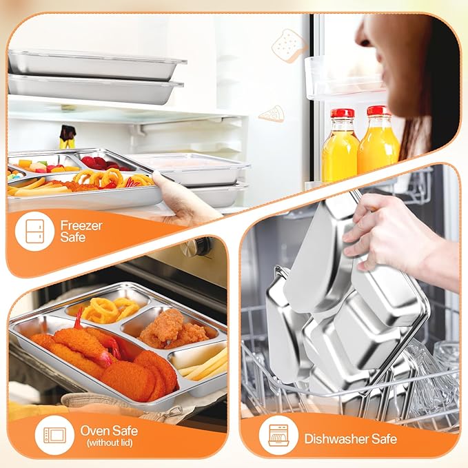 Patelai 6 Pcs Stainless Steel Snack Containers with Clear Flexible Lids Large 4 Compartment Heavy Duty Travel Bento Box Adult Lunch Box Reusable Food Storage Containers Plates for Office Home