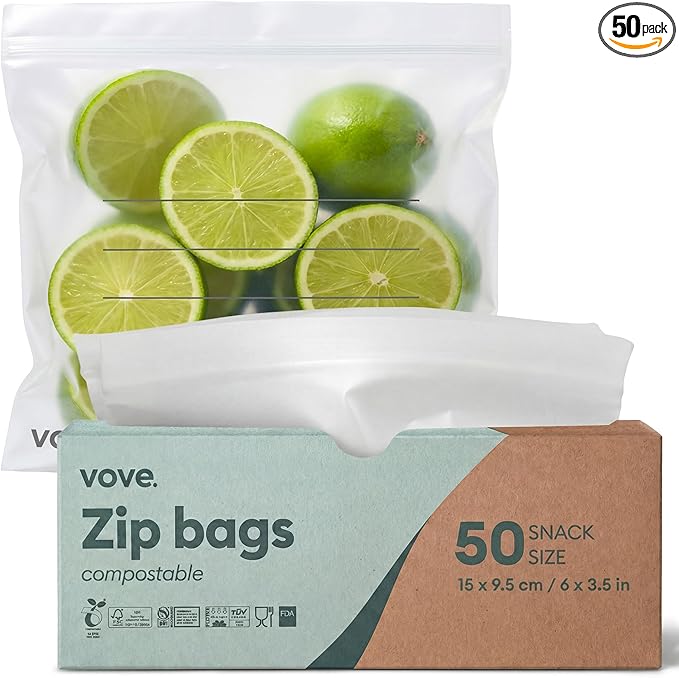 Vove Compostable Snack Bags 50 Ct – PFAS-Free, BPI Certified, Freezer Safe with Airtight Seal for Snacks & School Lunches, Plant-Based