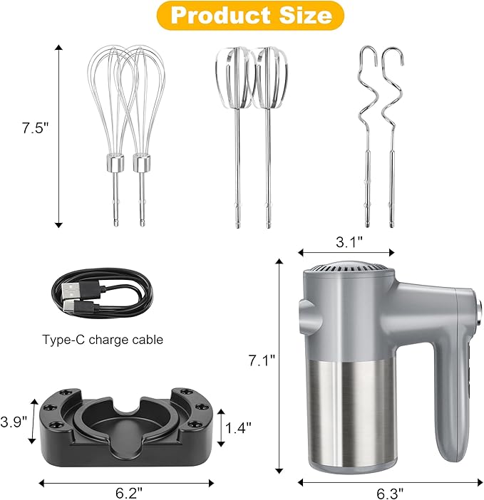 Cordless Electric Hand Mixer, 7 Speed Rechargeable Wireless Handheld Mixer with Eject Button, Long Battery, Quiet Anti-Splash, 6×304 Stainless Steel Attachments & Storage Base for Baking (Silver)