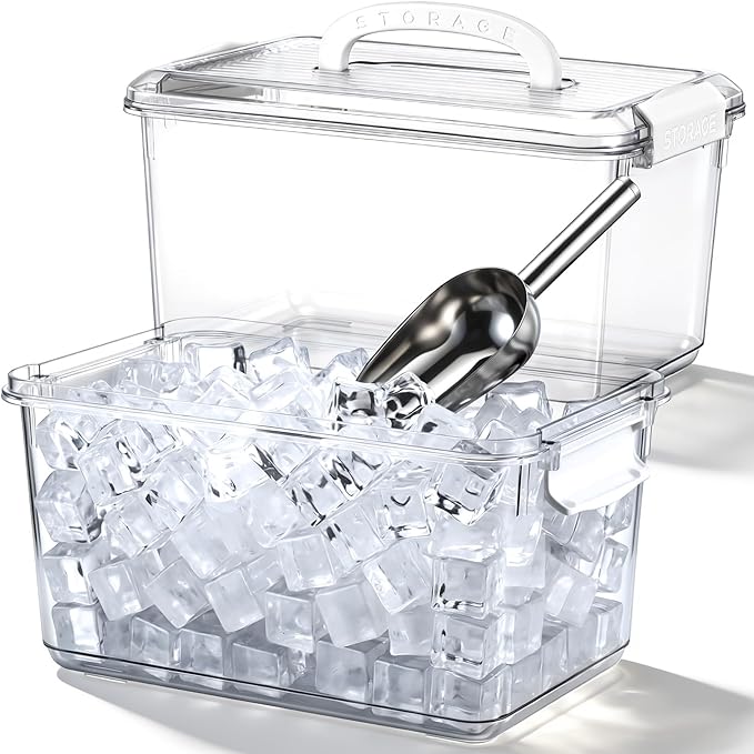 2 Set Ice Bin and Metal Scoop Set, Plastic Freezer Ice Bin with Lid, Clear Storage Bucket Plastic Containers Food Scoops for Cocktail Freezer Bar Party Barbeque Camping