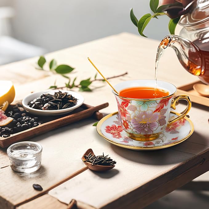 Tea Cups and Saucers Set of 6, 8 OZ Ceramic Tea Cups with Saucers Vintage Floral Tea Cup Set for Cappuccino, Macchiato, Afternoon Tea Birthday Party Supply Thanksgiving Day Halloween gifts