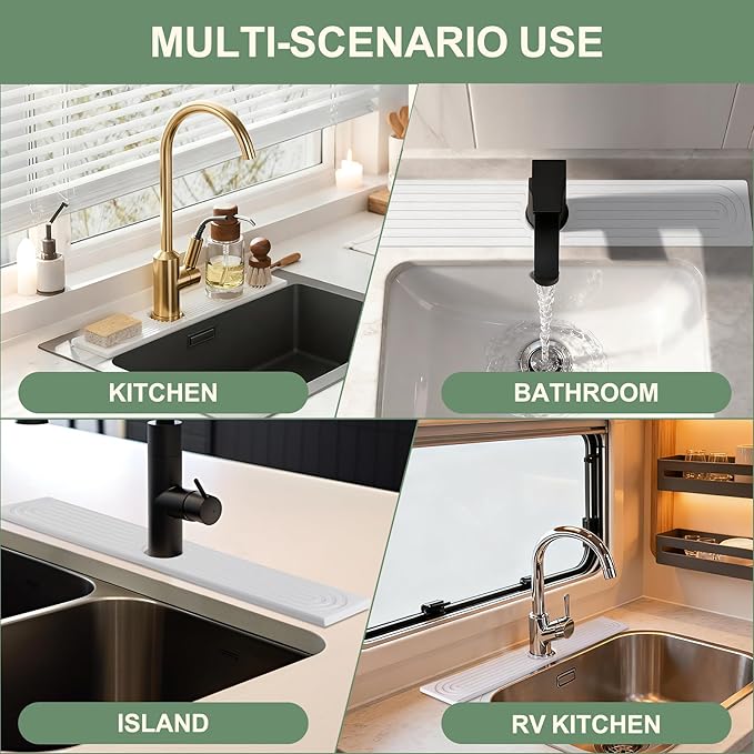 Meiliweser Faucet Mat for Kitchen Sink, Diatomite Quick Drying Stone Mat & Sink Protector, 23.6" x 4" Kitchen Sink Splash Guard, Absorbing Stone Tray for Bathroom Counter (White)