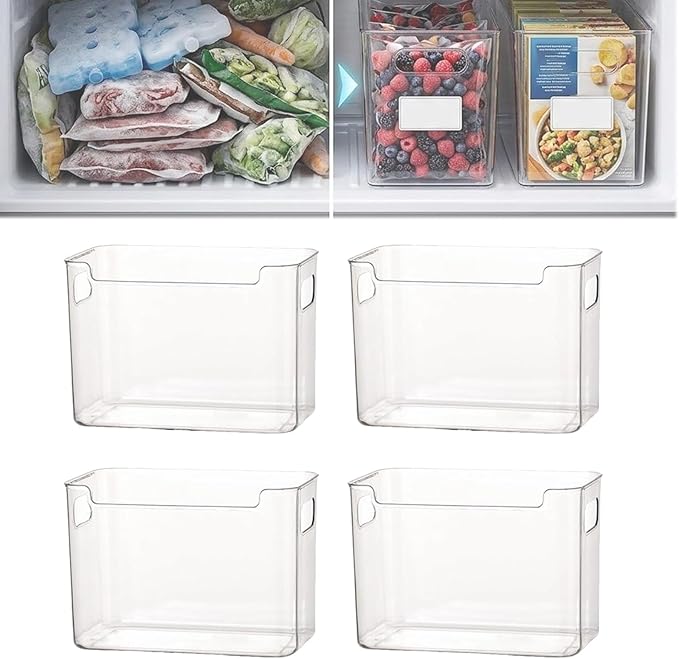 Crystal Clear Freezer Storage Bins, Stackable Fridge Organizer Bins with Handles, Clear Plastic Food Containers for Refrigerator and Pantry, Kitchen Organization for Meat & Veggies (Clear*4, Large)