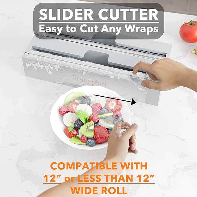 SpaceAid WrapNeat 2 in 1 Wrap Organizer with Cutter and Labels, Plastic Wrap, Aluminum Foil and Wax Bamboo Dispenser for Kitchen Storage Organization Holder for 12" Roll (Gray)