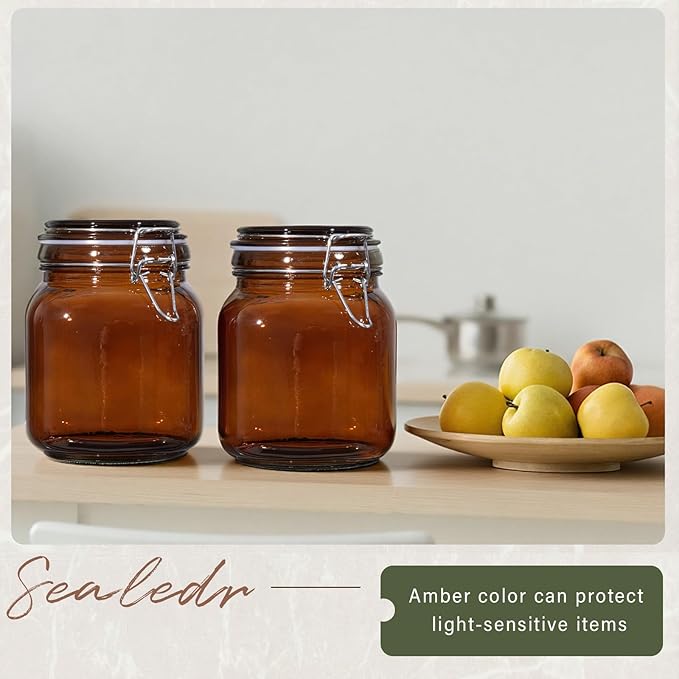 Norme 6 Pack 34oz Amber Airtight Glass Jars with Lids, Square Food Storage Container Airtight Food Wire Clip Fastening for Sauerkraut Flour Kitchen Sugar Cereal Kitchen Canning Pickling Mason Jars