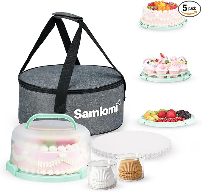 Cake Carrier with Lid and Handle, Bpa-Free Cake Holder with Lid for 10 Inch Round Cake Carrier with 10 pcs Round Golden Cake Boards and Portable Insulated Bag & Two Boxes of Cupcake Paper Liners