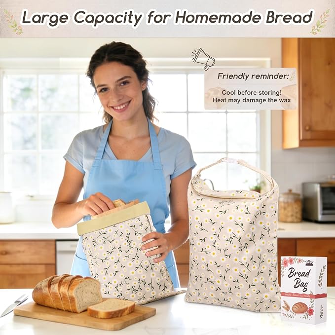 Beeswax Bread Bags for Sourdough, 2 Pack Reusable Bread Bag for Storage XL 17x13 Inch, Daisy Print Bread Bags for Homemade Sourdough - Keep Fresh, Freezer Safe