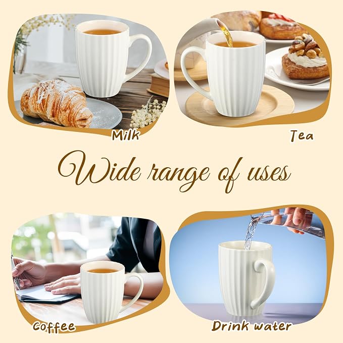 CHENGU Ribbed Coffee Mugs Set of 12, 14 oz Ceramic Coffee Cups with Big Handle, Large Modern White Ribbed Design Tea Cup for Latte, Cocoa, Milk, Hot Cocoa, Microwave & Dishwasher Safe