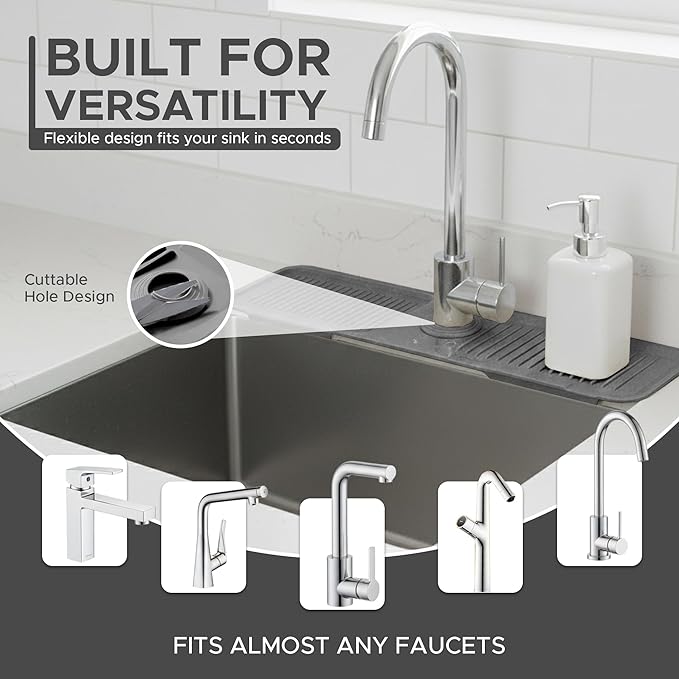 24 Inch Longer Faucet Mat for Kitchen Sink| 5° Slope Fast Self-Draining Sink Splash Guard | Multipurpose Faucet Mat Foldable Durable No Smell | Cut-to-Fit Opening Up to 2.6in | Dark Grey