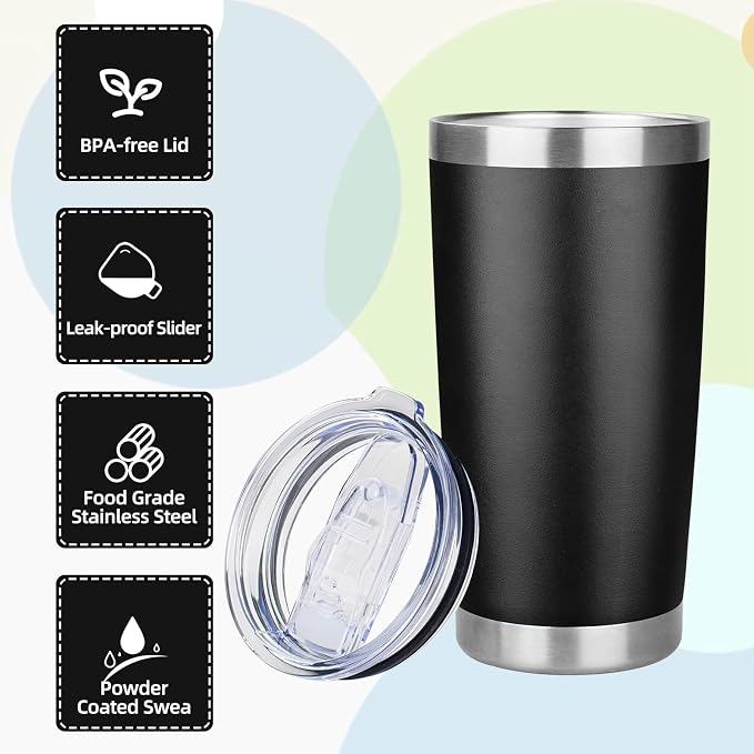 20oz Tumbler with Lid Stainless Steel Insulated Tumblers Travel Coffee Tumbler Bulk Double Wall Vacuum Insulated Water Cup Gifts for Christmas Women Men Her Him Home Office(Black, 1pack)