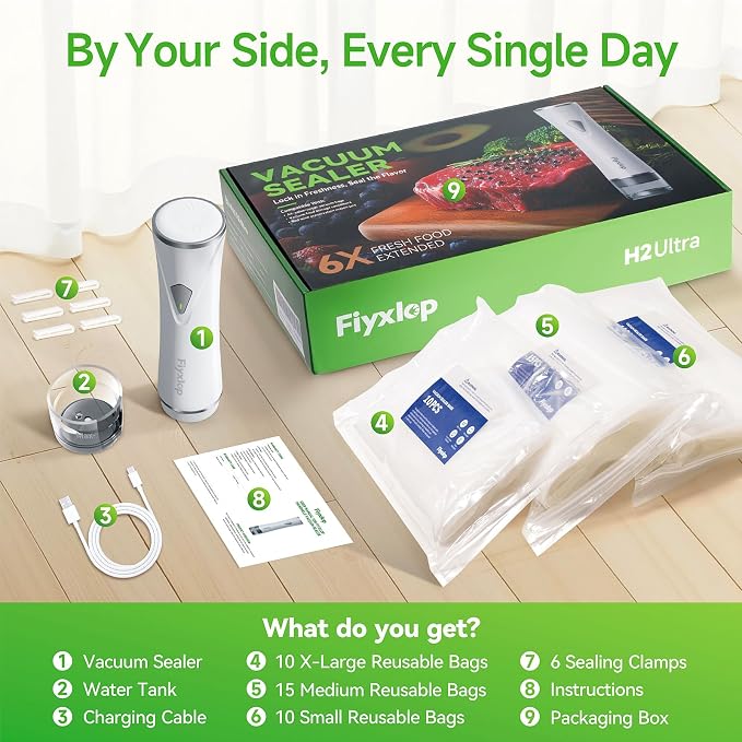 Vacuum Sealer for Food, Premium Handheld Vacuum Sealer + 35 Reusable Vacuum Bags, Powerful Vacuum Food Sealer for Kitchen, Home, BBQ, Travel, Gifts, Seal Food 6X Fresh Longer