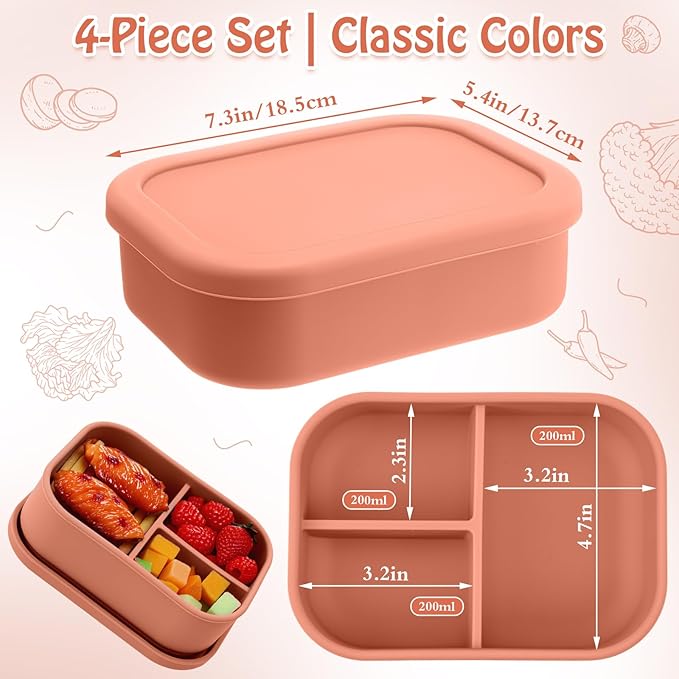 Honeydak 4 Pcs Silicone Bento Box for Adults, 3 Compartment Lunchable Food Container for Women Men, Leak Proof Microwave Dishwasher Freezer Safe (Orange)