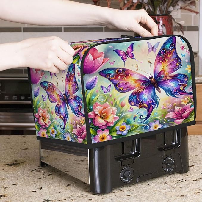 Butterfly Colorful Floral 2 Slice Toaster Cover Dust And Fingerprint Bread Maker Cover Bakeware Protector Washable Appliance Covers Kitchen Accessories For Home Kitchen Women Gift