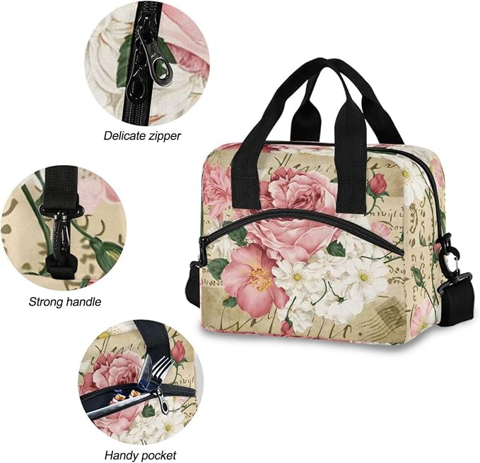 OREZI Lunch Bag for Girls Women,Vintage Shabby Chic Pink Rose Floral Lunch Box Container with Detachable Shoulder Strap,Insulated Lunch Coolers for School Office