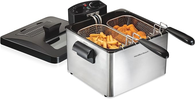Hamilton Beach Professional Style Electric Deep Fryer With 2 Baskets | 4.5 Liter / 19 Cup Oil Capacity | 1800 Watts | Lid With View Window | Easy Detach Magnetic Cord | Stainless Steel | 35036