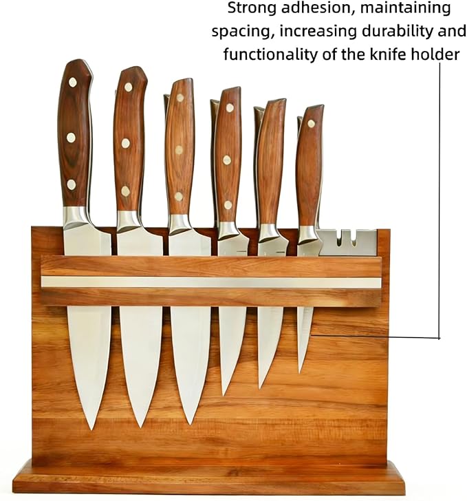 Large Magnetic Knife Holder - 14.5 x 11" Double-Sided Acacia Wood Block with Built-in Sharpener, Holds 14+ Knives, Premium Kitchen Counter Organizer for Professional Chefs