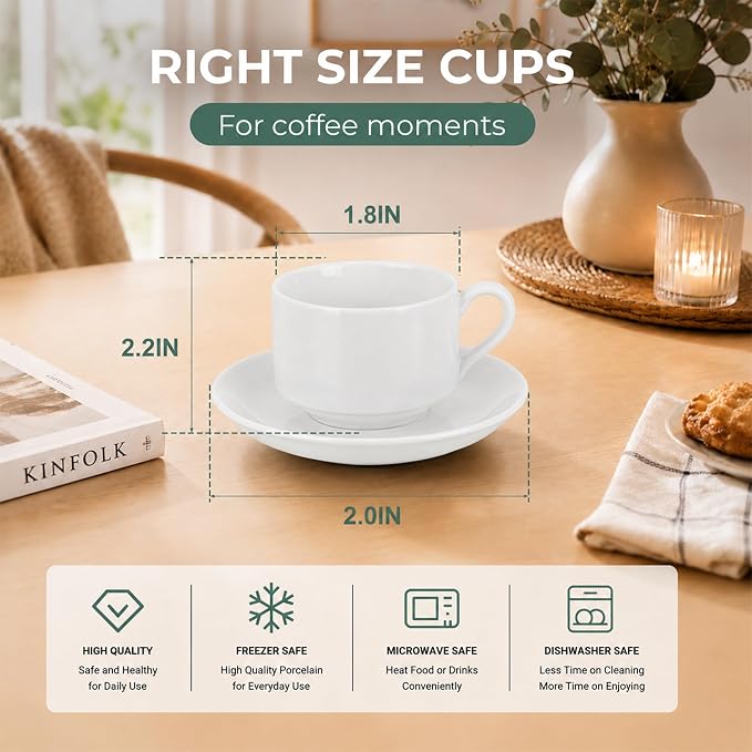 3 Ounce Espresso Cups Set of 4, White | Stackable Demitasse Mugs, Includes Display Stand, Coffee Cups Saucers, and Spoons, for Machines & Home Use, Silver Stand