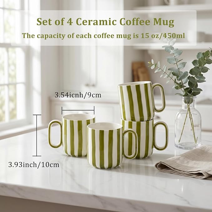 Ceramic Coffee Mugs Set of 4, 15 oz Stoneware Coffee Cups with Handle, Aesthetic Green Stripe Latte Tea Mug for Latte Tea Hot Chocolate, Microwave and Dishwasher Safe (15 oz)