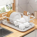 Kitchen Counter Dish Drying Rack,Stainless Steel Dishes Drainer with Utensil Holder,Space-Saving Dish Rack,Removable Plastic Drainer Tray for Dishes, Knives, Spoons (White,No Cup Holder)