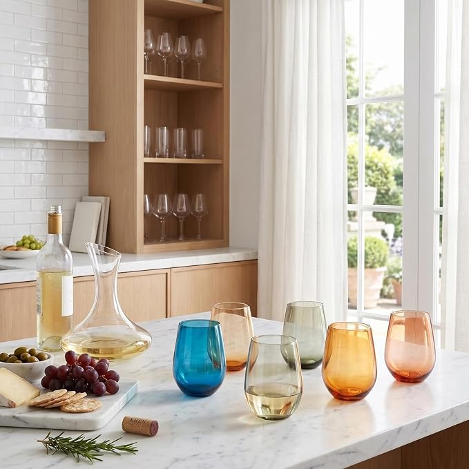 Khen European Style Shatterproof Tritan Stemless Wine Glasses, Acrylic Glass Drinkware, Unbreakable Colored, 12- Set - BPA-free plastic, Reusable, Dishwasher Safe, All Purpose Glassware 15oz - (Muted)