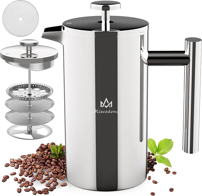 French Press Coffee Maker, 4-Layer Filtration, Double Wall 304 Stainless Steel Coffee Press, Heat Resistant Rust-Proof, Multi-Use for Coffee Tea Espresso Home Office Travel