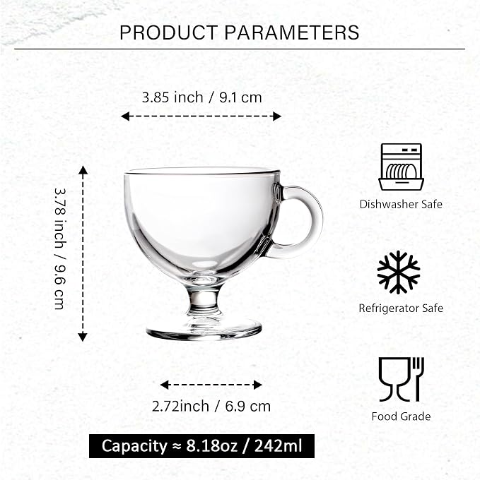 Glass Coffee Mugs with Handle - 8 OZ Footed Glass Coffee Cups - Footed Transparent Tea Cup for Latte, Cappuccino, Dessert, Beverages