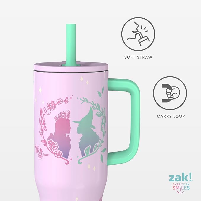 Zak Designs Wicked: For Good Sutton Travel Tumbler for On the Go, 30oz Stainless Steel with Vacuum Insulation, Silicone Straw, and Carry Handle for Cold Drinks (Glinda and Elphaba)