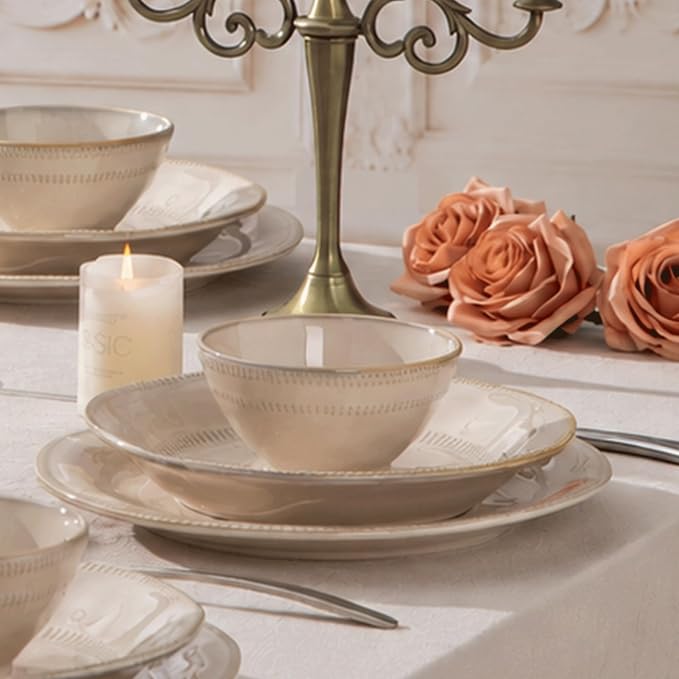 4-piece Ceramic Dinnerware Set with Active Glaze, Modern Shaped Tableware Set Suitable for Kitchen, Microwave, Dishwasher, and Oven, Scratch-resistant, Apricot Color