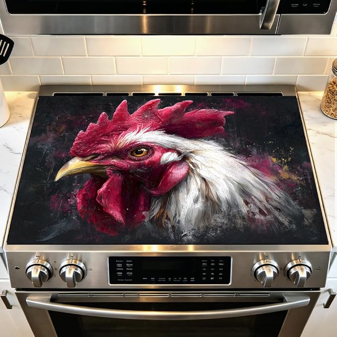 Stove Top Cover for Electric Stove 28.4 x 20.5 Inch Non Slip Stove Mat Oil Proof Rooster Portrait Glass Cooktop Protector Kitchen Counter Mat