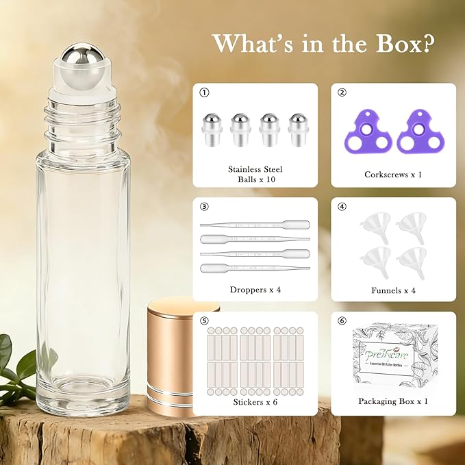 PrettyCare 24 Pack, 10 ml Essential Oil Roller Bottles with Stainless Steel Roller Ball - Refillable Leak-proof Empty Thick Clear Glass Roll on Bottles with Metal Caps for Travel, Perfume