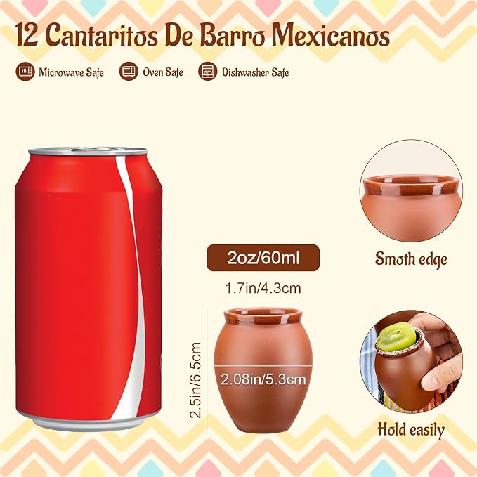 12Pcs 2oz/60ml Cantaritos De Barro Mexicanos,Mini Jarritos De Barro Mexicanos Pottery Cocktail Glasses,Mexican Shot Glasses Taco Tuesday Cups For Celebration,Tequila,Margaritas